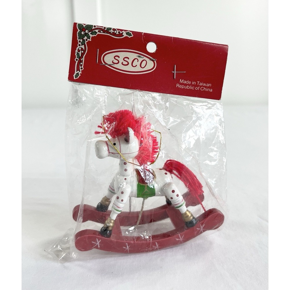 Vintage 1980s SSCO Wood Rocking Horse Christmas Ornament Hand Painted Taiwan 80s